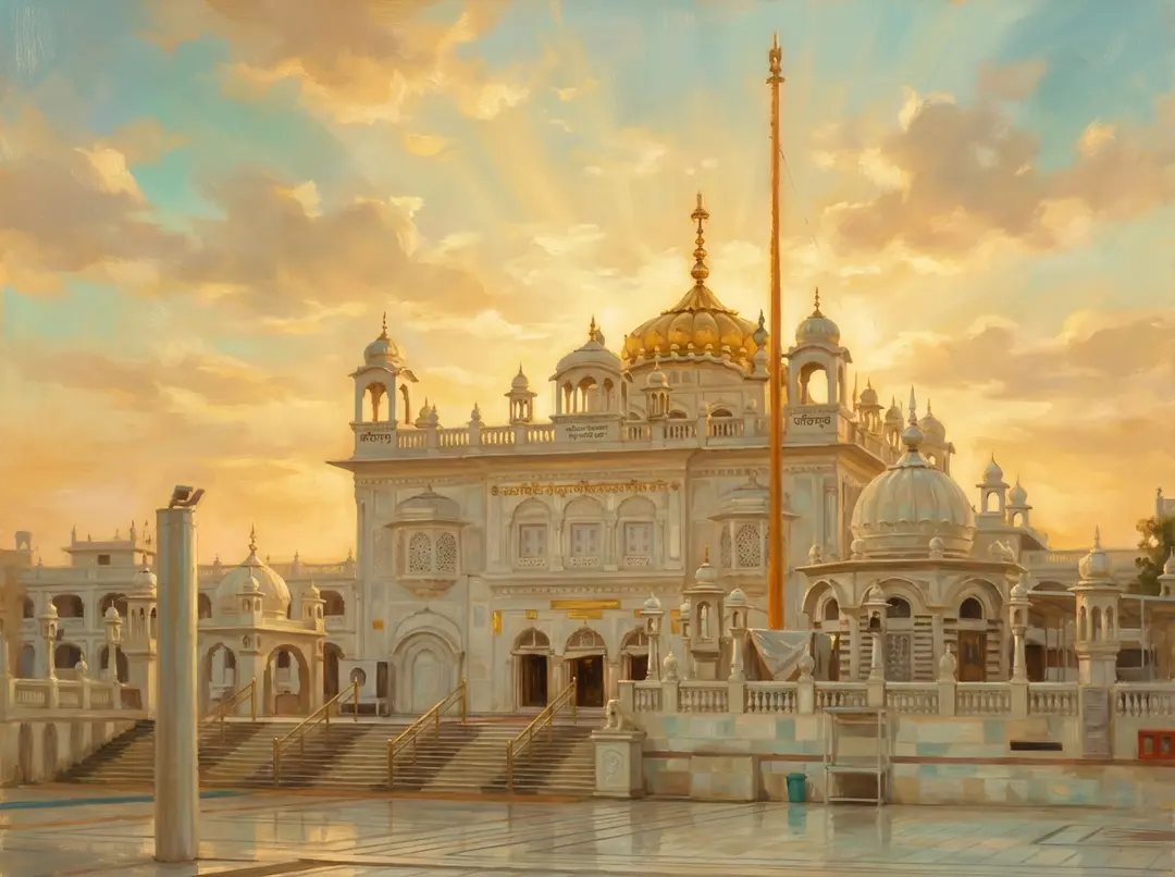 Gurdwara Langar Sahib reflected in the sarovar at dawn